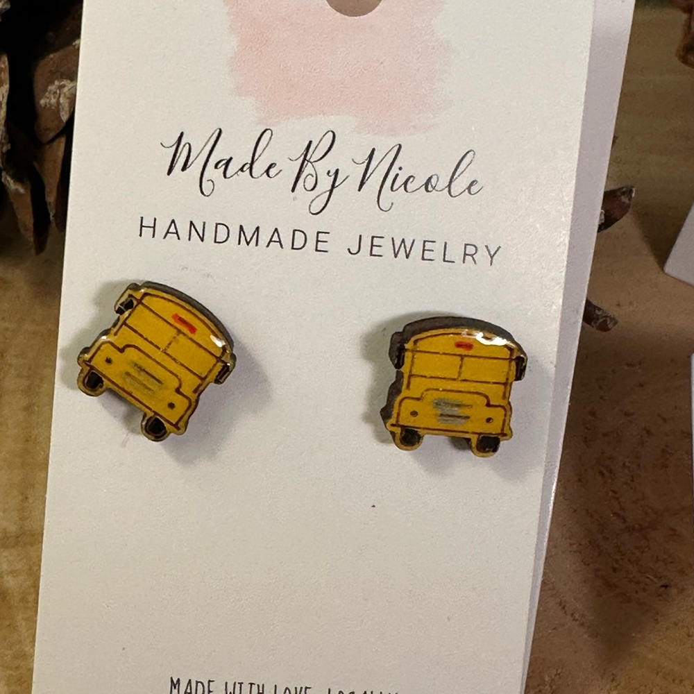Hand Crafted Yellow School Bus Earrings studs wood, hand painted coated